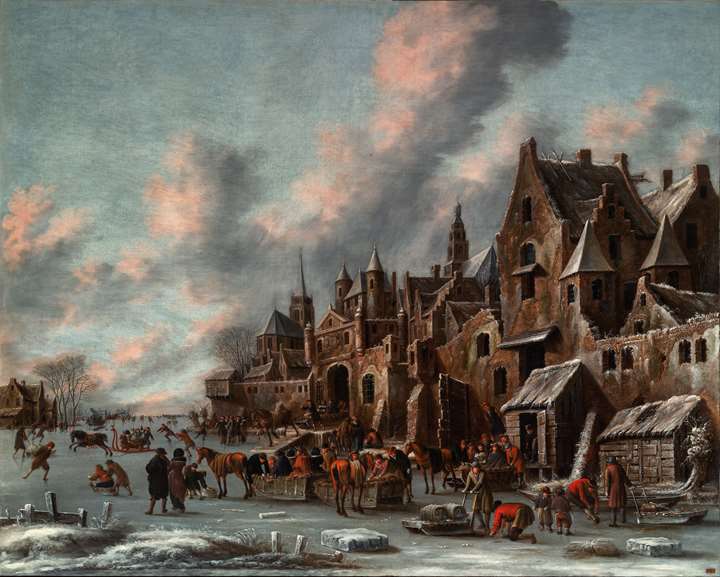 Townsfolk on the Ice outside a walled City.